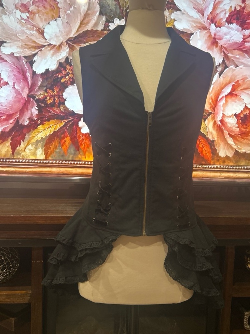 Spin Doctor Black Lace-Trimmed Corset Vest Jacket with Front Zip Size L